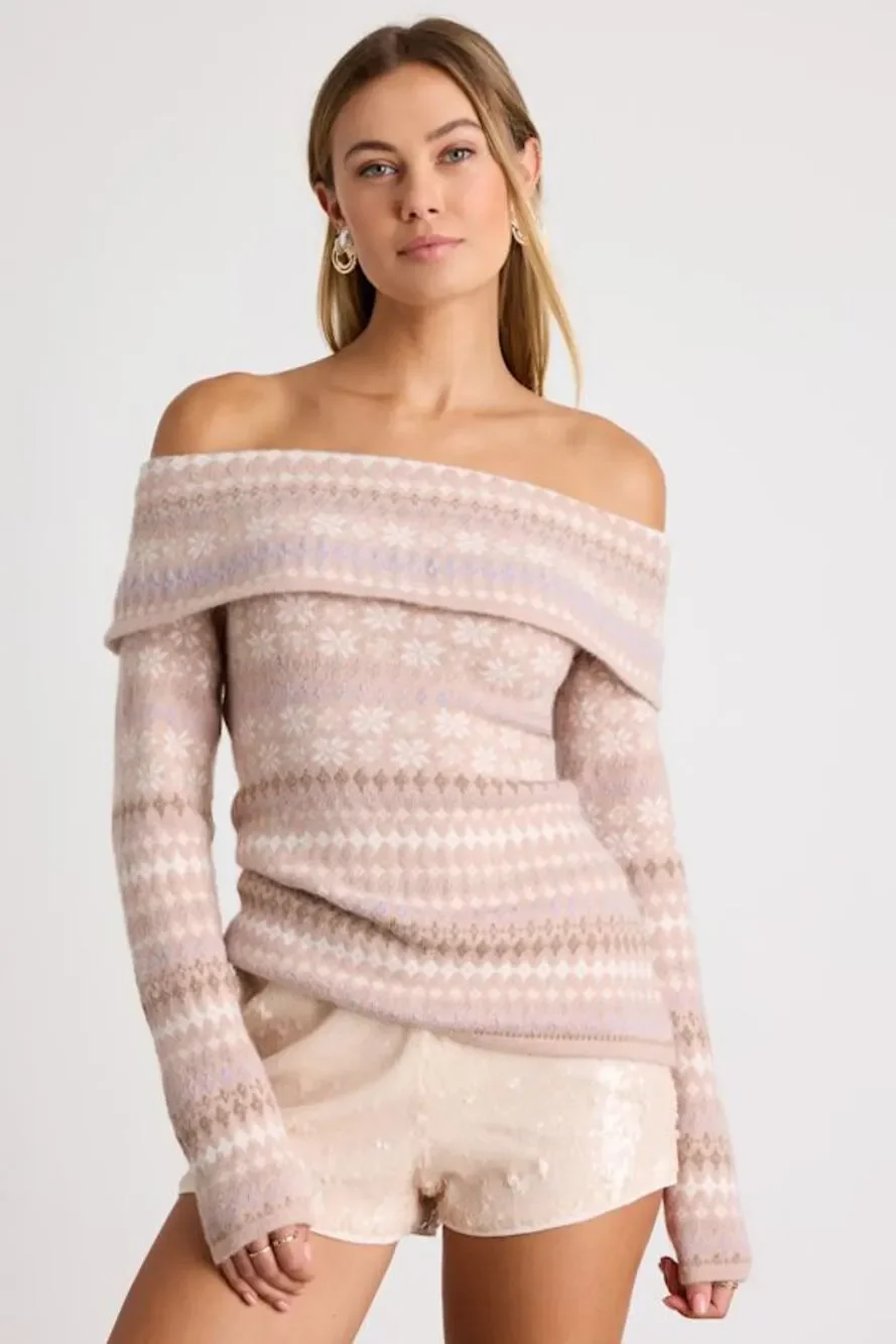 Lulus Edine Blush Fair Isle Off-the-shoulder Sweater Top Pink - Size S
